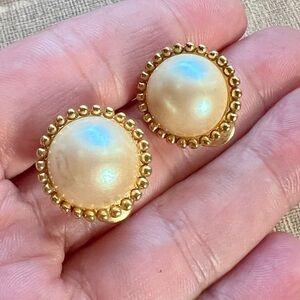MONET Vintage Gold and Cream Clip On Stud Earrings Faux Pearl Earrings